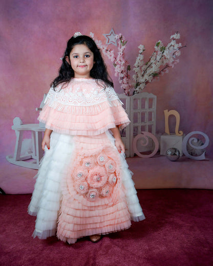 Girls Partywear Peach And White Cape  Gown