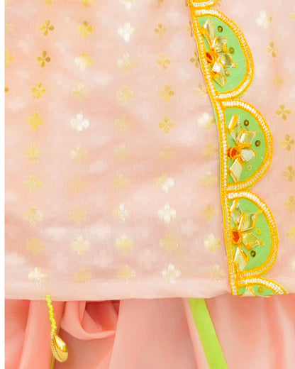 Girls Chanderi Silk Gota Embroidered Pink Kurta With Tulip Pant