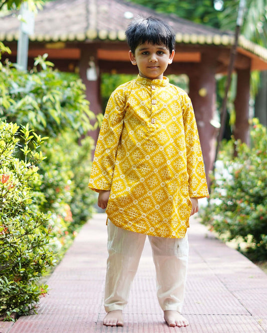 Boys :Mustard Yellow Floral Print Kurta Pyjama