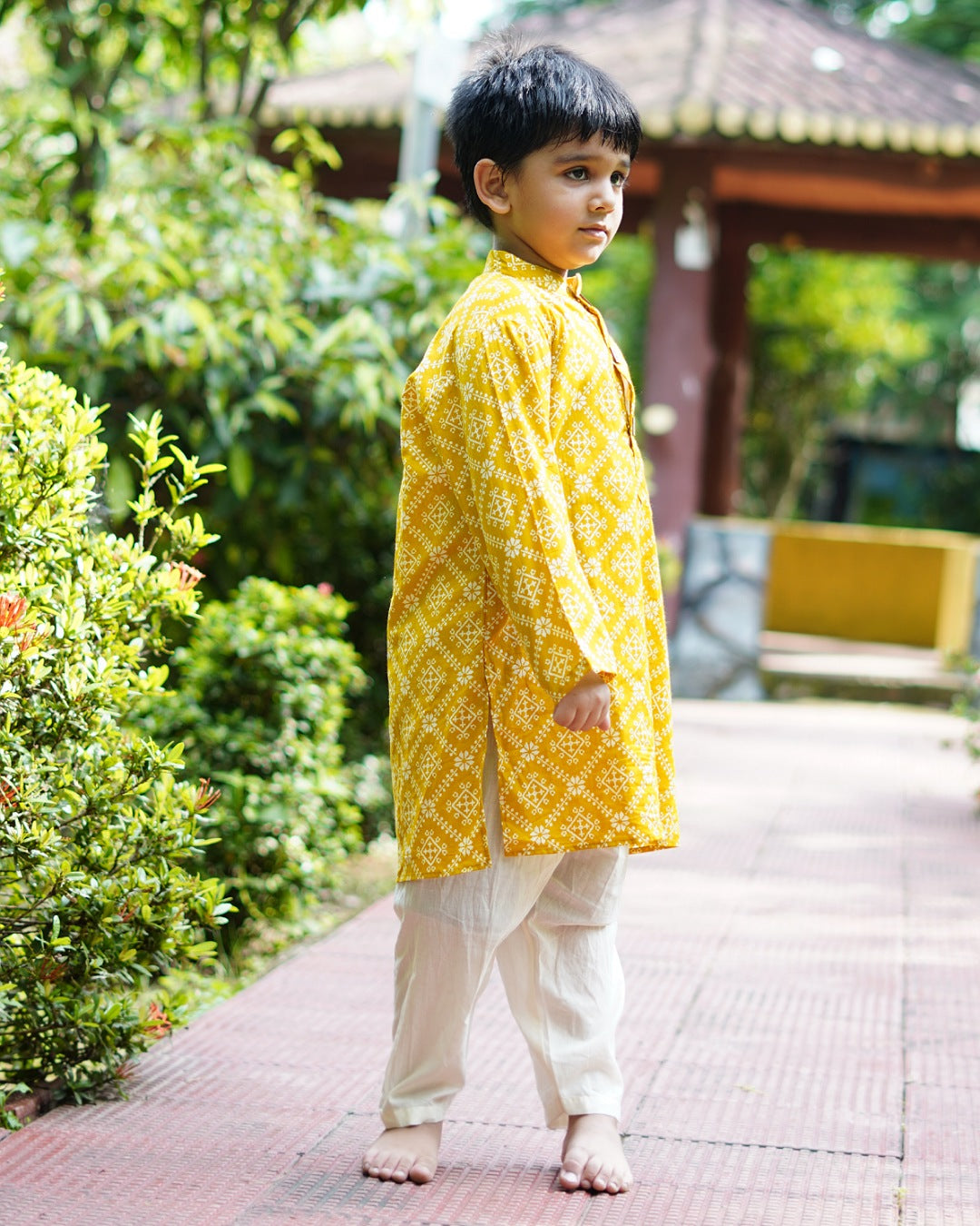 Boys :Mustard Yellow Floral Print Kurta Pyjama