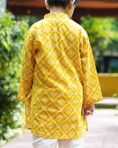 Boys :Mustard Yellow Floral Print Kurta Pyjama