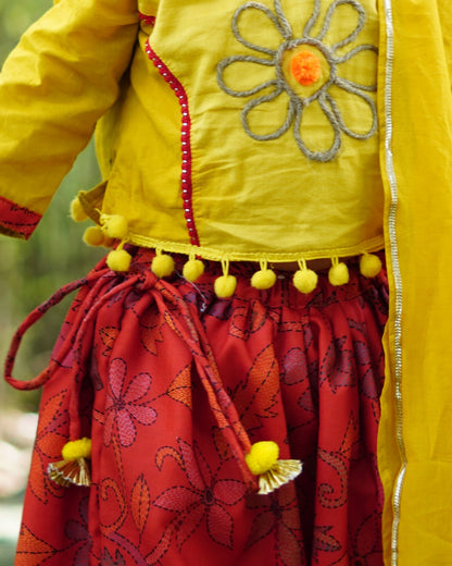 Girls Mustard And Red Embroidered Lehenga Set