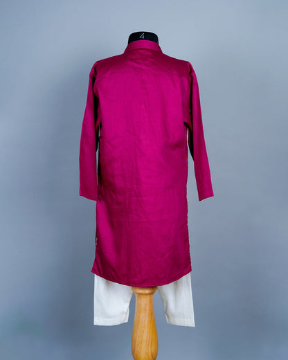 BOYS Mercerized Ikat Silk Kurta Set With Attached Jacket And Pant