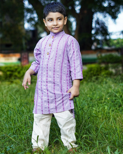 Boys Cotton Mauve Thread Work Kurta With Pyjama