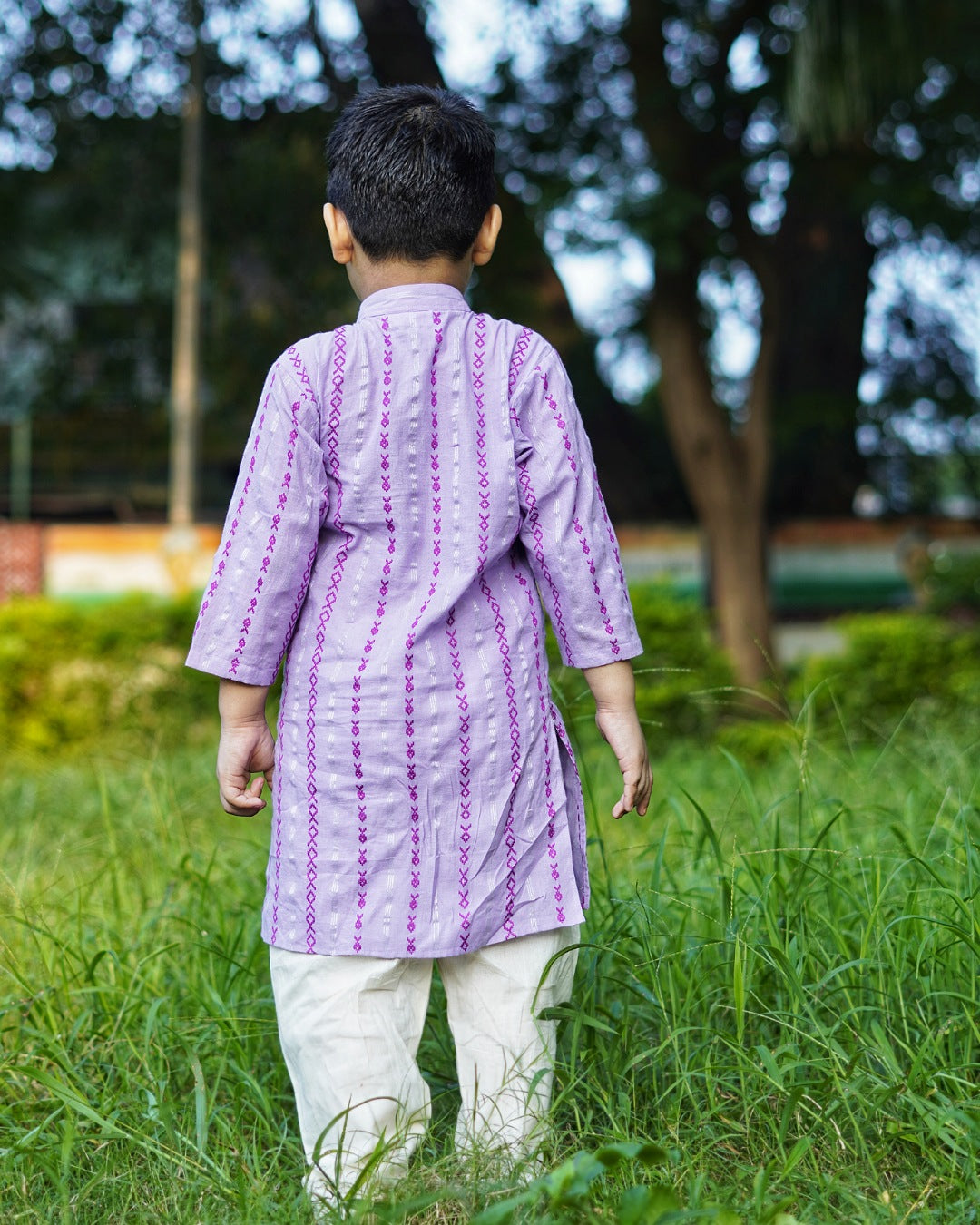 Boys Cotton Mauve Thread Work Kurta With Pyjama