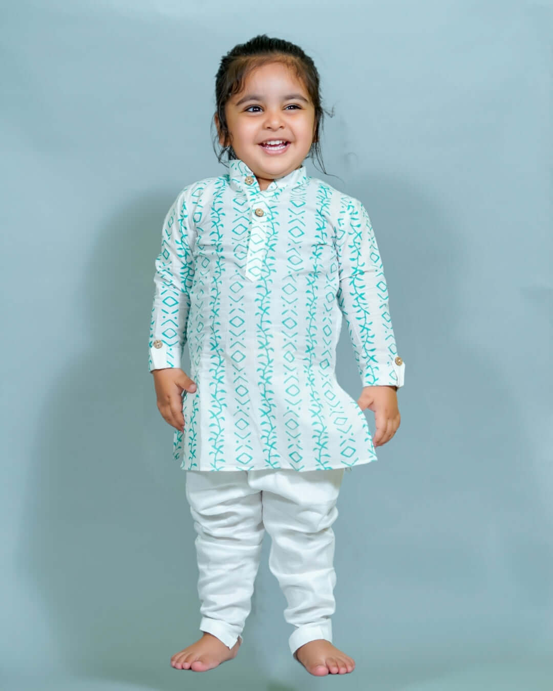 Baby Boy White Hand Block Print Kurta With Pyjama