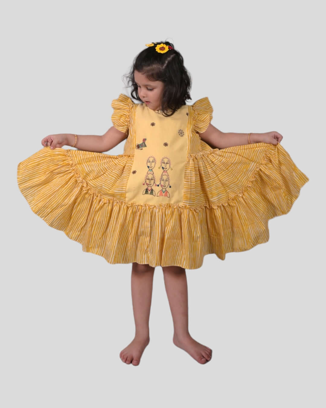 Girls : Embroidered Yellow Layered Cotton Dress