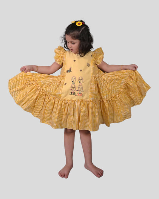 Girls : Embroidered Yellow Layered Cotton Dress