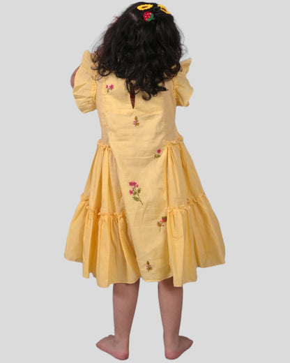Girls Floral Embroidered Yellow Cotton Dress