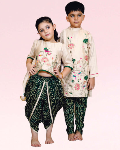 Boys Beige Lotus Embroidery kurta with Churidaar