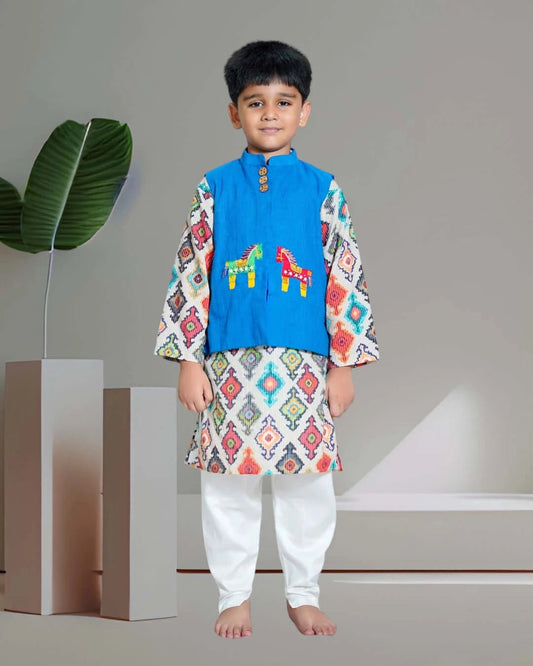 Boys Multicolor Katha Work Kurta With Embroidered Jacket And Pant