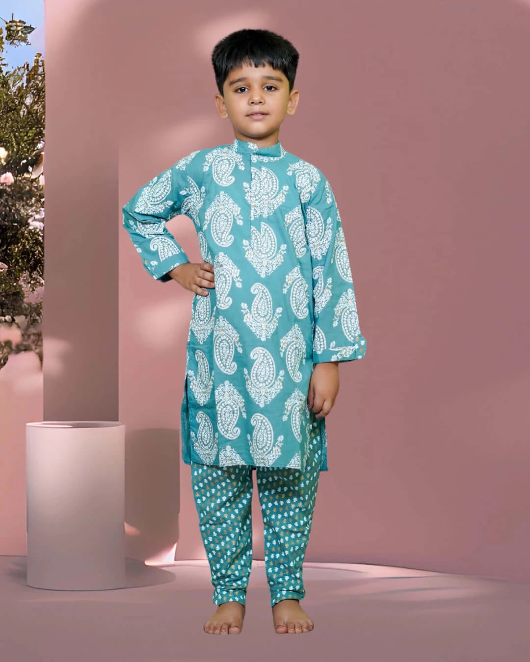 Boys Baby Blue Floral Print Kurta With Churidar