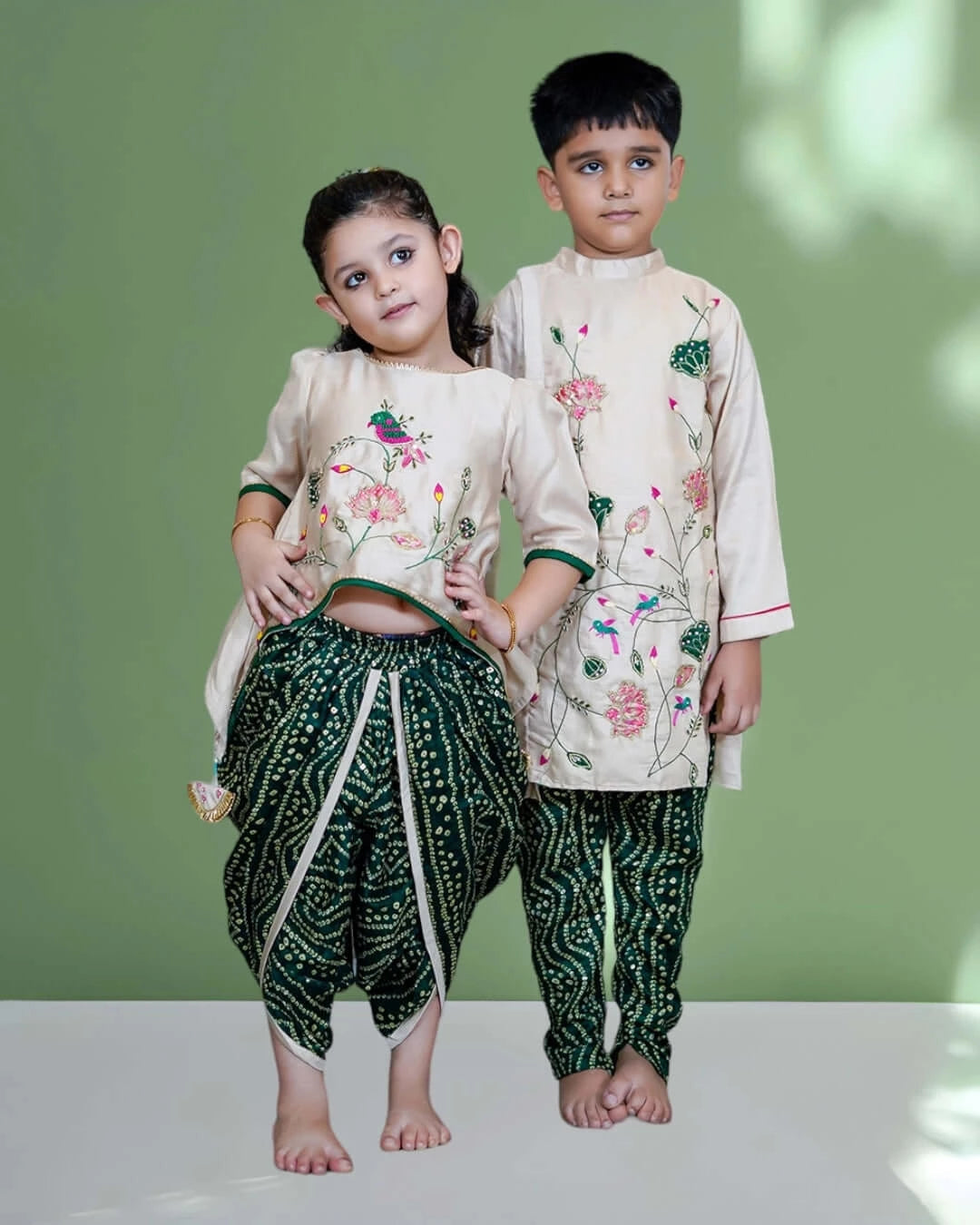 Lotus Patchwork Beige Kurta With Green Bandhani Dhoti Pant