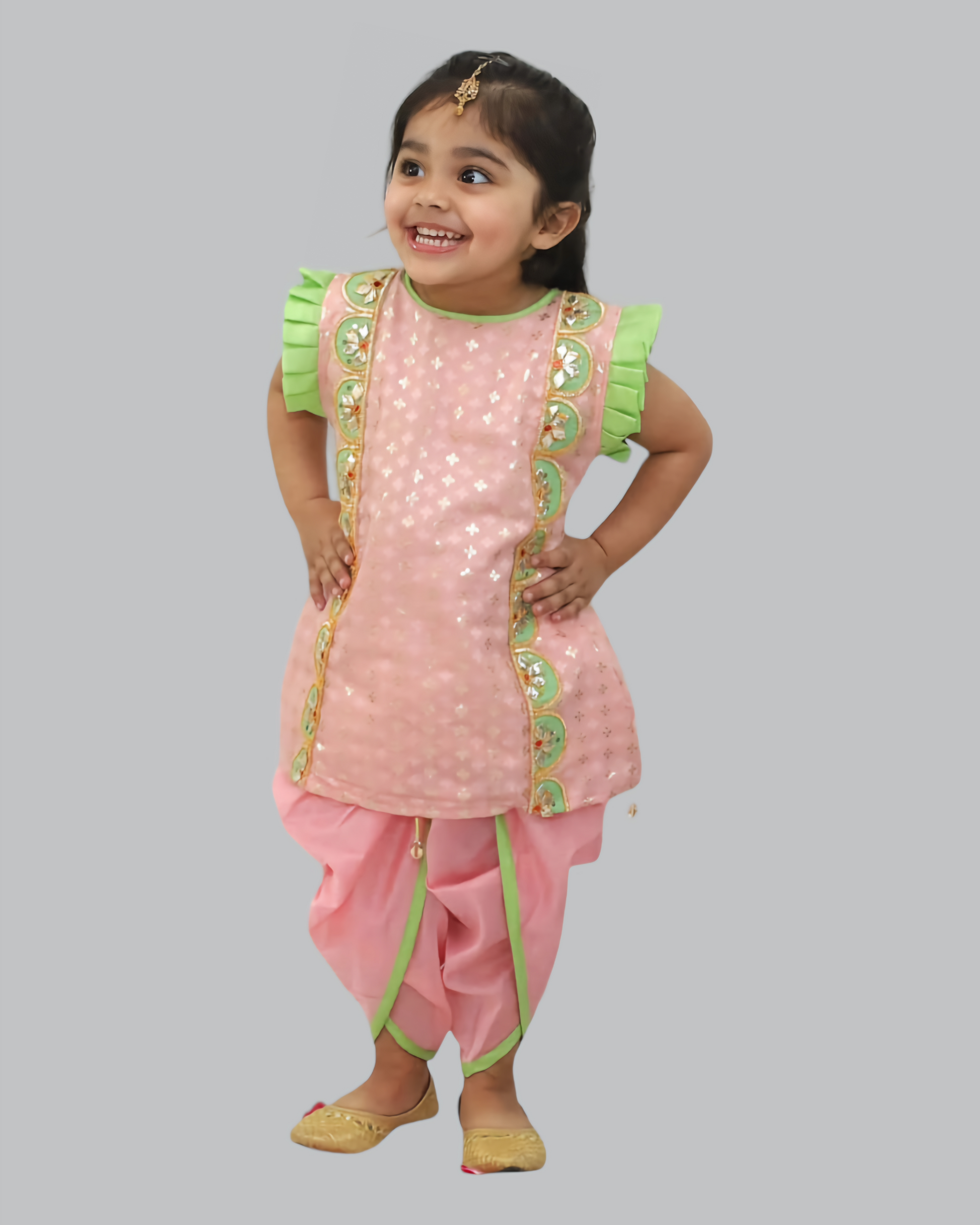 Girls Chanderi Silk Gota Embroidered Pink Kurta With Tulip Pant