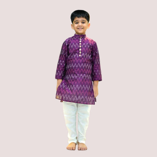 Boys Embroidered Mauve Cotton Ikat Silk Kurta With Churidar Pant