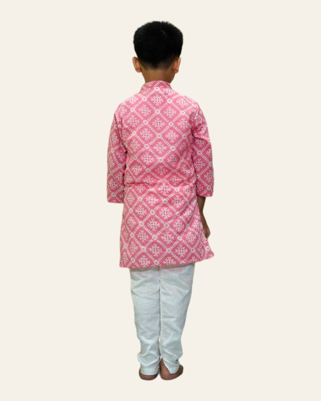 Boys Printed Pink Cotton Kurta With Attached Pintuck Jacket And Churidar