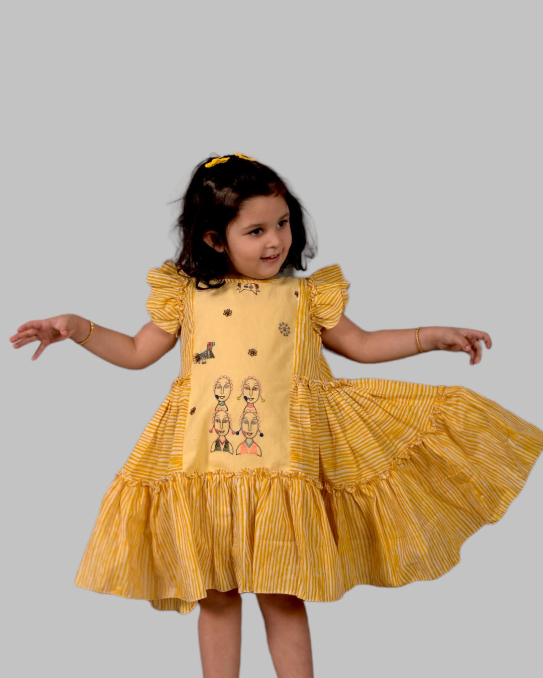 Girls : Embroidered Yellow Layered Cotton Dress