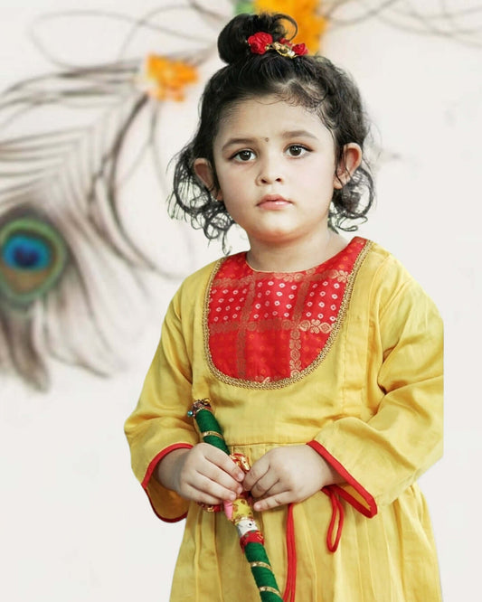 Girls Mustard Angrakha Kurta With Dhoti
